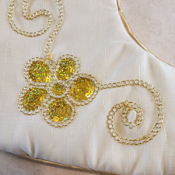 Gold White Christmas Stocking Sequin Floral 17" Satin Beaded Holiday Decor - Picture 11 of 12